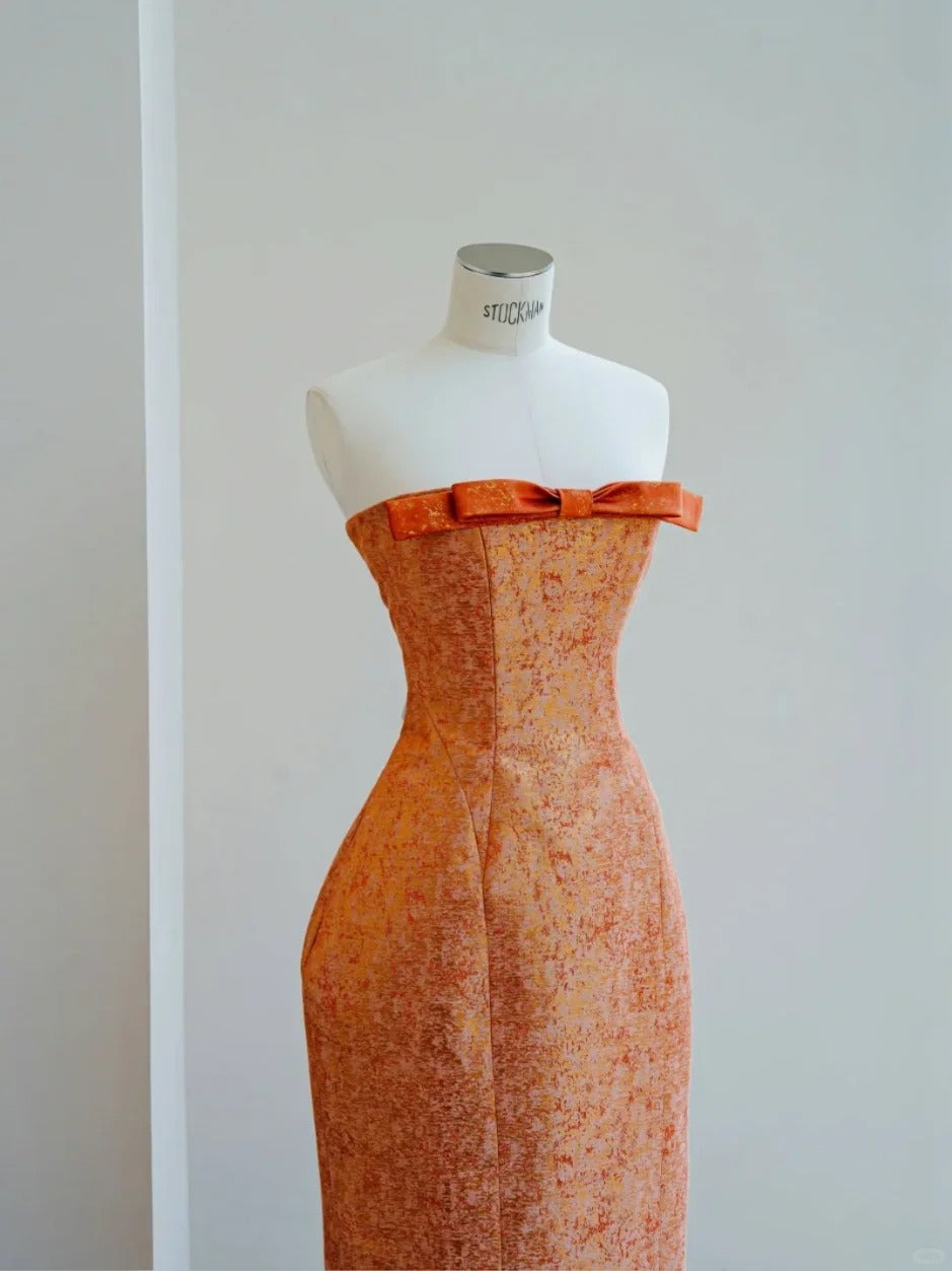 Elegant Satin Orange Sheath Strapless Prom Dresses Formal Evening Dresses RF0486