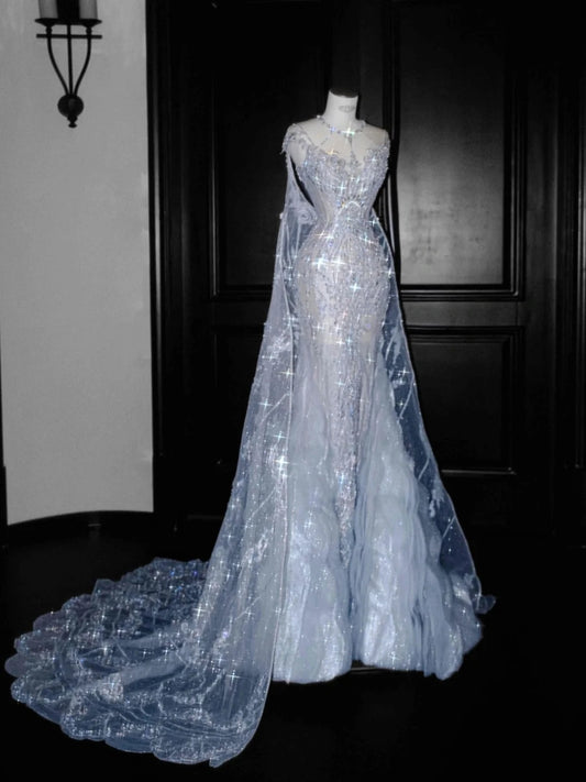 Gorgeous Blue Mermaid Tulle Crewneck Rhinestone Long Prom Dresses Formal Evening Dress RF0487