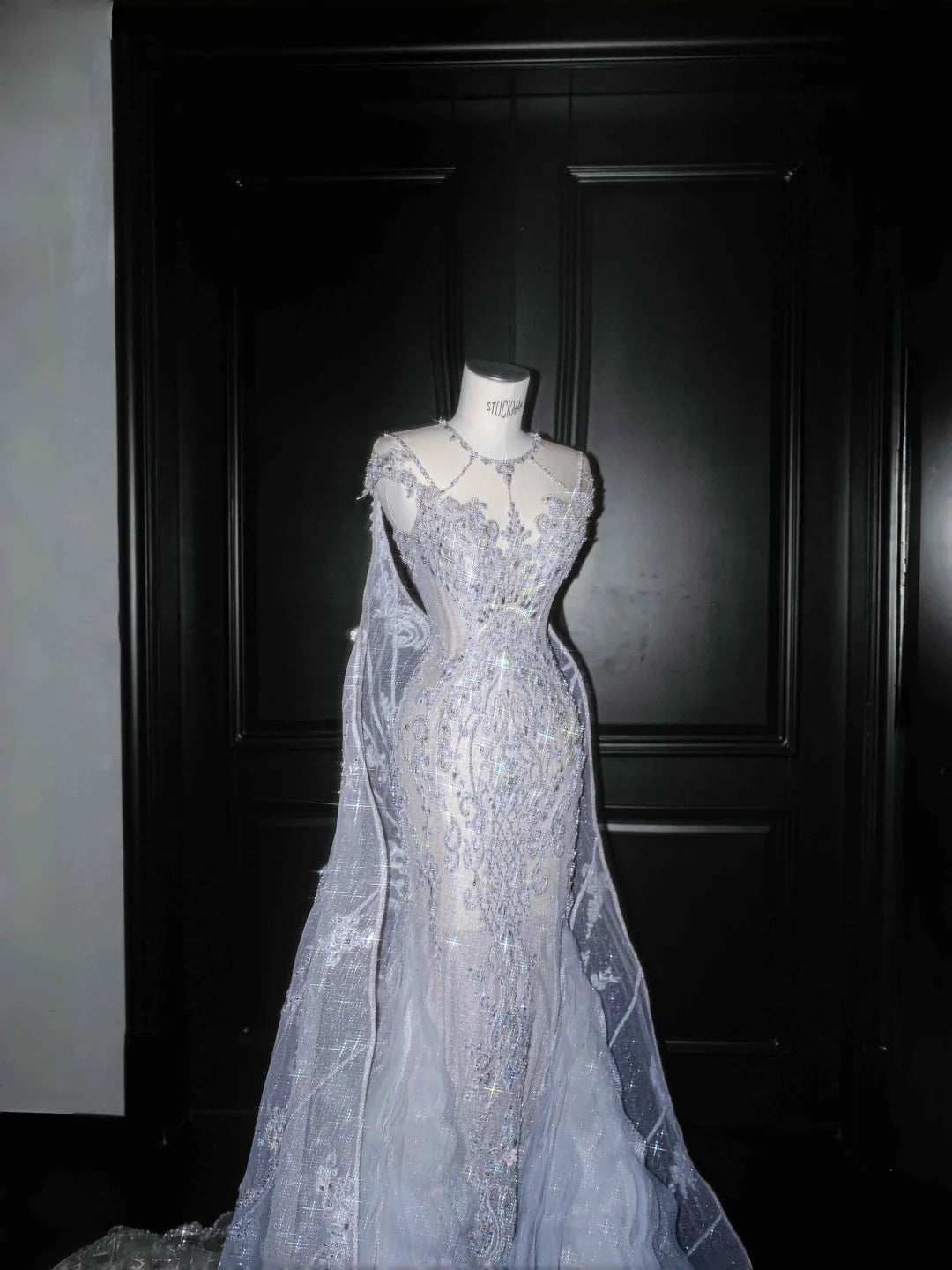 Gorgeous Blue Mermaid Tulle Crewneck Rhinestone Long Prom Dresses Formal Evening Dress RF0487