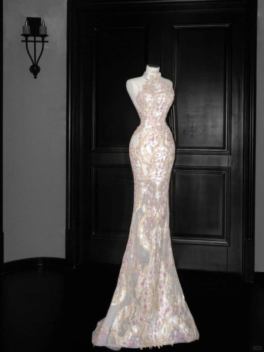 Exquisite Mandarin Neckline Tulle Mermaid  Embroidery Applique Long Prom Dresses Elegant Formal Evening Dresses RF0488
