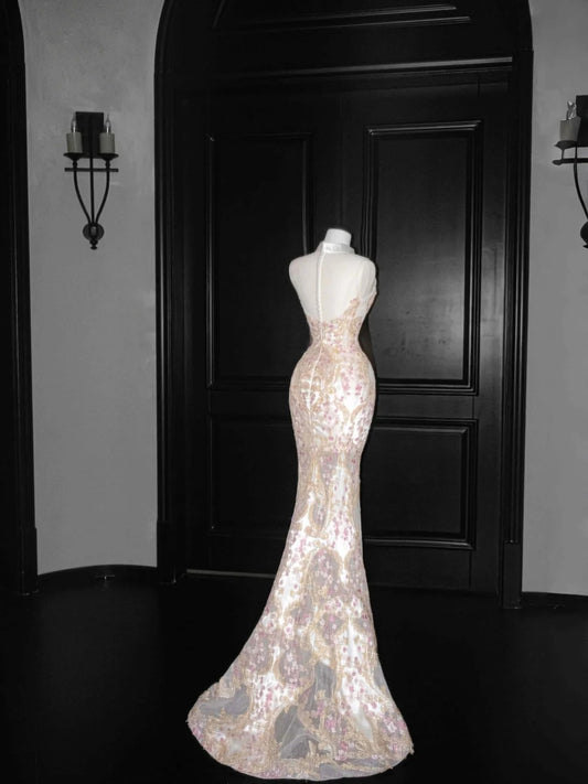 Exquisite Mandarin Neckline Tulle Mermaid  Embroidery Applique Long Prom Dresses Elegant Formal Evening Dresses RF0488
