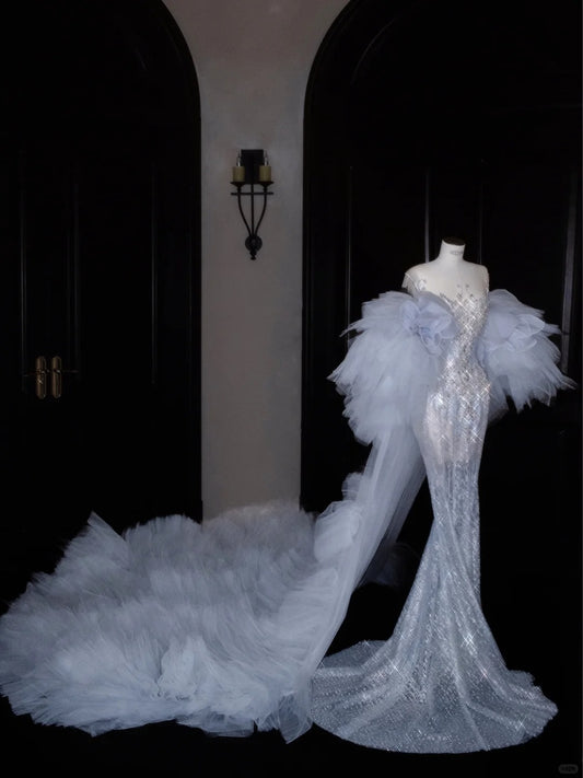 Ice Blue Tulle Mermaid Round Neck Sequins Long Train Evening Dress RF0490