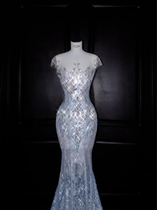Ice Blue Tulle Mermaid Round Neck Sequins Long Train Evening Dress RF0490