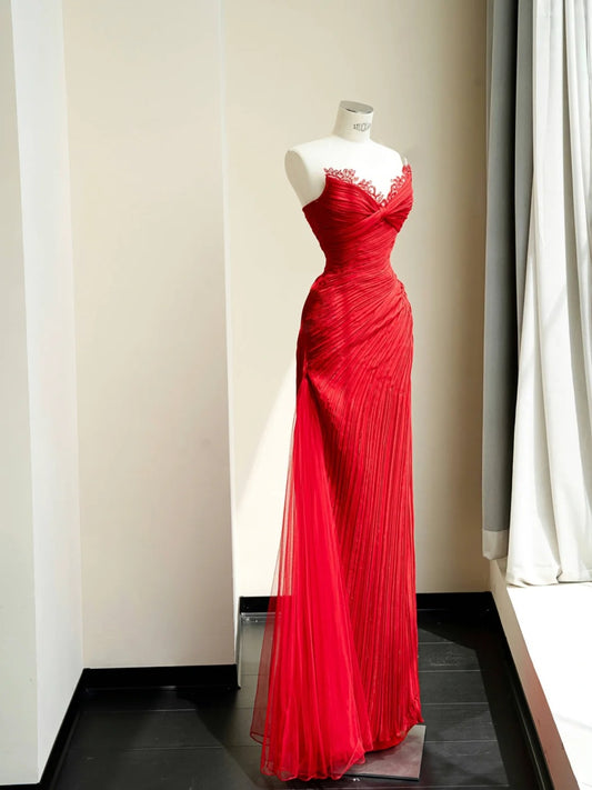 Stunning Red Sweetheart Neck Tulle Sheath Long Prom Dresses Formal Elegant Evening Dresses RF0491