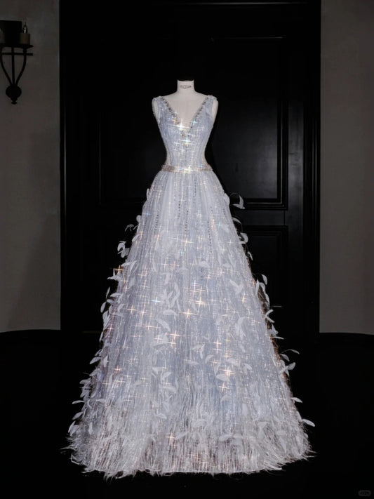 Beautiful V-neck Tulle Beaded Sequins A-Line Long Prom Dresses Sweet 16 Evening Dresses RF0492