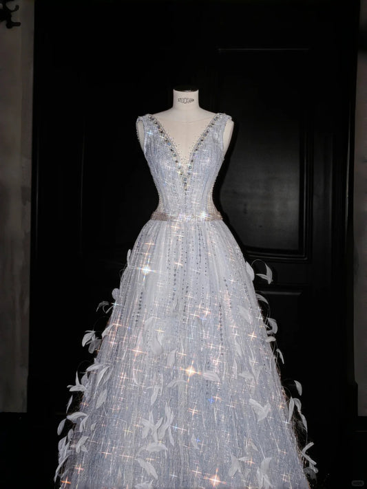 Beautiful V-neck Tulle Beaded Sequins A-Line Long Prom Dresses Sweet 16 Evening Dresses RF0492