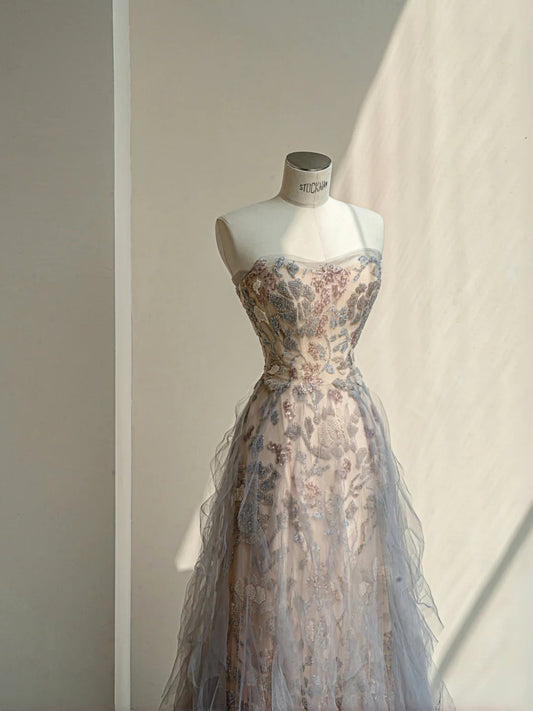Sweet Strapless A-Line Silver Tulle Beaded Long Prom Dresses Formal Evening Dresses RF0493
