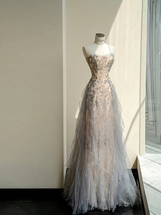 Sweet Strapless A-Line Silver Tulle Beaded Long Prom Dresses Formal Evening Dresses RF0493