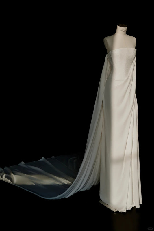 Elegant White Chiffon Strapless Sheath Train Wedding Dress Formal Evening Dress RF0494