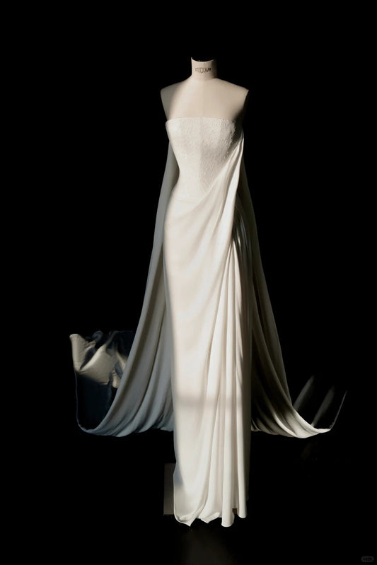 Elegant White Chiffon Strapless Sheath Train Wedding Dress Formal Evening Dress RF0494