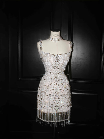 Einzigartiges goldenes, quadratisches Halsband mit Diamantperlen, figurbetontes, kurzes Ballkleid, wunderschönes Homecoming-Kleid RF0496