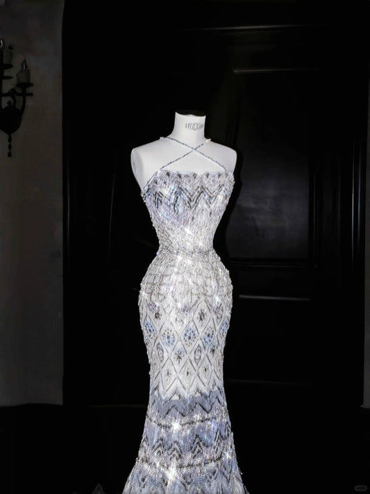 Sexy Mermaid Halter Neck Tulle Rhinestone Long Prom Dresses Formal Evening Dresses RF0497