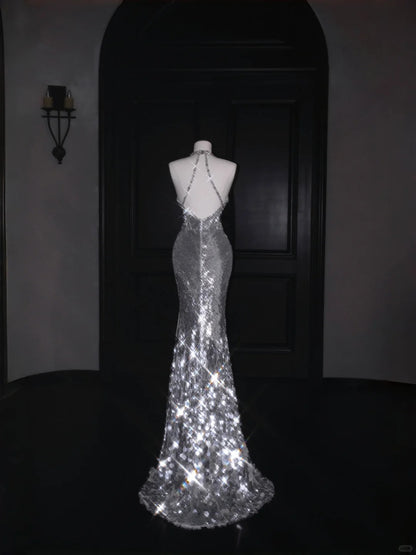 Elegant Silver Sequins V Neck Mermaid Backless Long Prom Dresses Fashion Evening Dresses RF0498