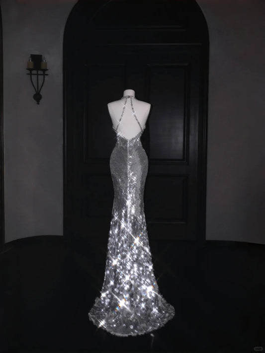 Elegant Silver Sequins V Neck Mermaid Backless Long Prom Dresses Fashion Evening Dresses RF0498
