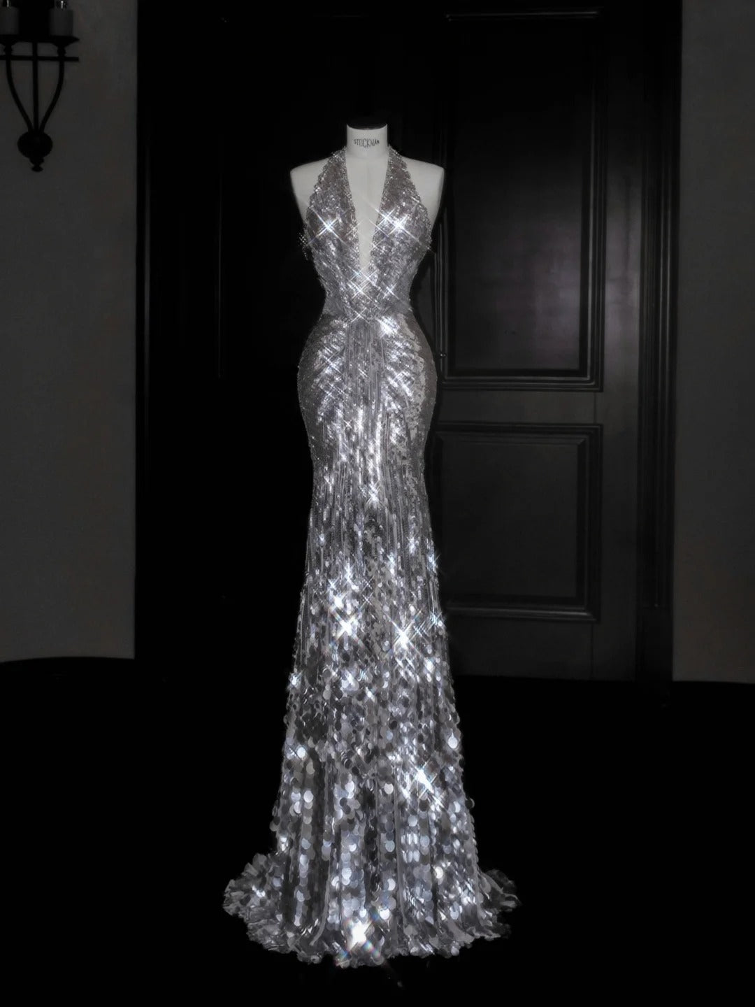 Elegant Silver Sequins V Neck Mermaid Backless Long Prom Dresses Fashion Evening Dresses RF0498