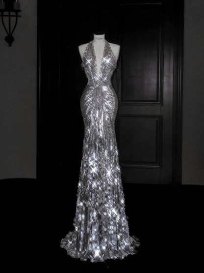 Elegant Silver Sequins V Neck Mermaid Backless Long Prom Dresses Fashion Evening Dresses RF0498