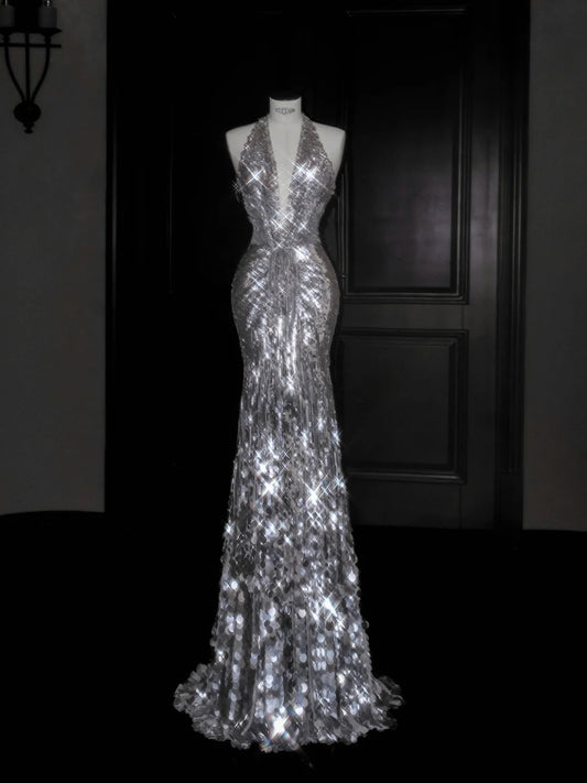 Elegant Silver Sequins V Neck Mermaid Backless Long Prom Dresses Fashion Evening Dresses RF0498