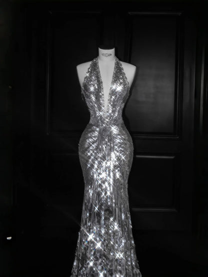 Elegant Silver Sequins V Neck Mermaid Backless Long Prom Dresses Fashion Evening Dresses RF0498