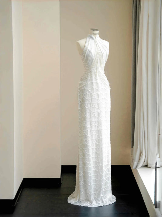 White Mandarin Neck Beaded Mermaid Formal Evening Dress Unique Wedding Dress RF0499