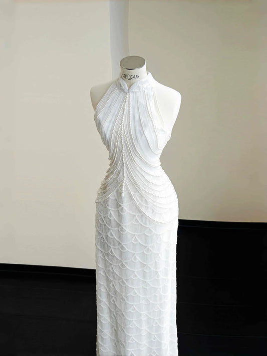 White Mandarin Neck Beaded Mermaid Formal Evening Dress Unique Wedding Dress RF0499