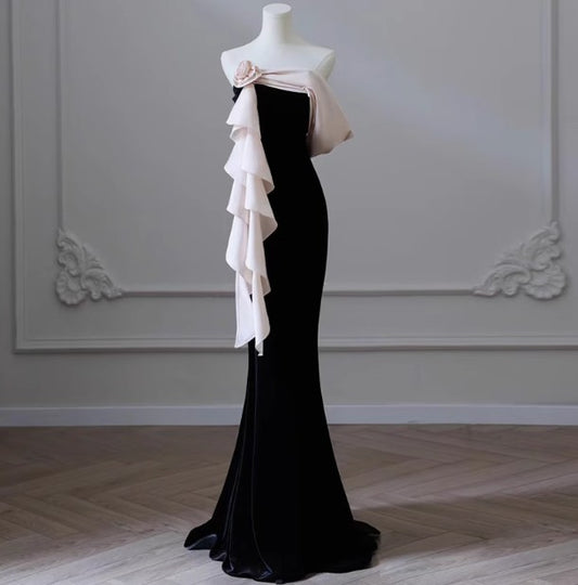 Elegant Black Strapless Velvet Mermaid Long Prom Dresses Formal Evening Dresses RF0500