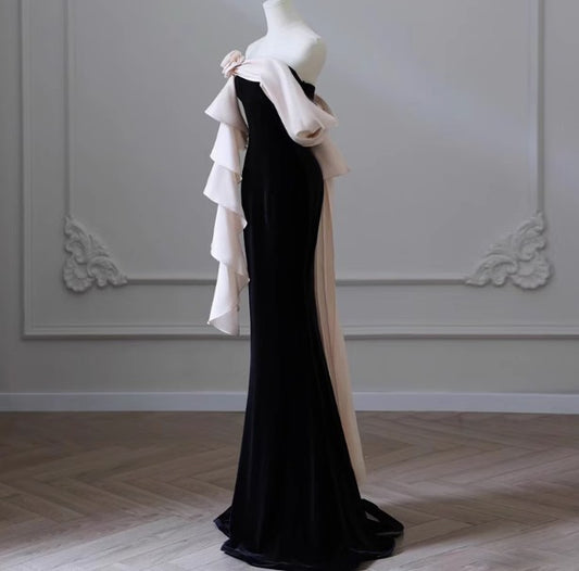 Elegant Black Strapless Velvet Mermaid Long Prom Dresses Formal Evening Dresses RF0500