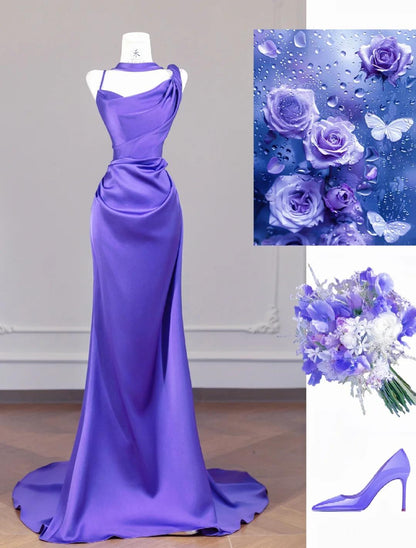 Elegante Lila Strap Meerjungfrau Satin Rückenfreies Langes Ballkleid Formale Abendkleider RF0501