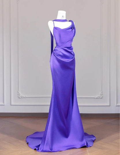 Elegante Lila Strap Meerjungfrau Satin Rückenfreies Langes Ballkleid Formale Abendkleider RF0501