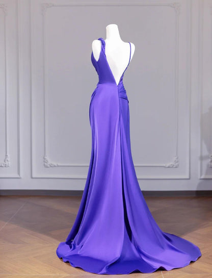 Elegante Lila Strap Meerjungfrau Satin Rückenfreies Langes Ballkleid Formale Abendkleider RF0501