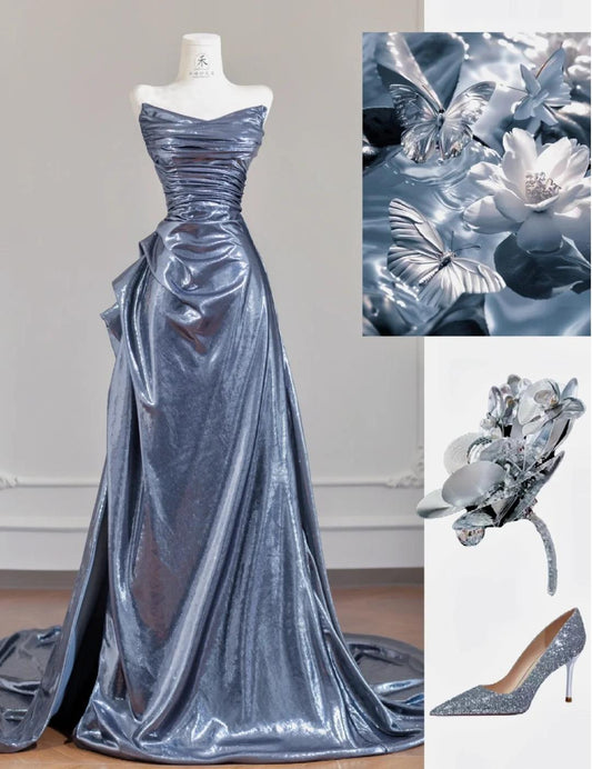 Unique Black Grey V-neck A-line Long Prom Dresses Formal Evening Gowns With Pleats RF0502