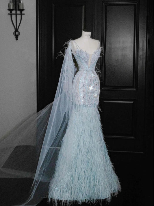 Gorgeous Ice Blue Tulle Spaghetti Straps Mermaid Long Prom Dresses Formal Evening Dresses RF0503
