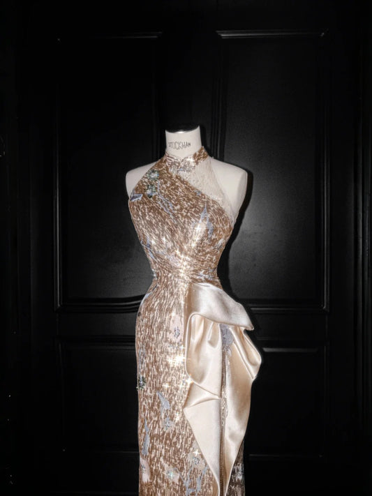 Elegant Halter Neck Deep Champagne Sheath Prom Dresses Sequin Satin Formal Evening Gowns RF0504