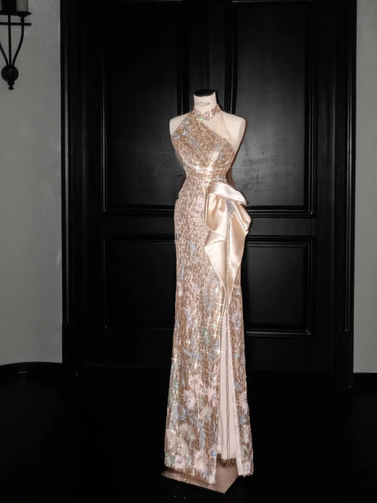 Elegant Halter Neck Deep Champagne Sheath Prom Dresses Sequin Satin Formal Evening Gowns RF0504