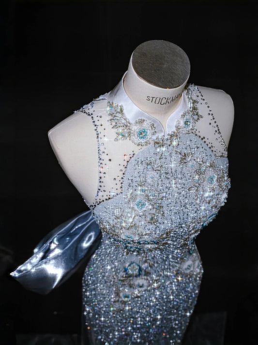 Elegant Mandarin Neck QiPao Sequin Embroidery Applique Formal Evening Dress with Bow RF0505
