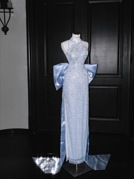 Elegant Mandarin Neck QiPao Sequin Embroidery Applique Formal Evening Dress with Bow RF0505