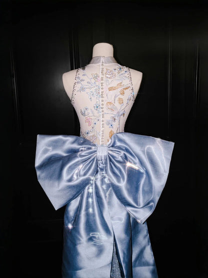Elegant Mandarin Neck QiPao Sequin Embroidery Applique Formal Evening Dress with Bow RF0505