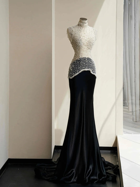 Elegant Black Satin Mermaid Beaded Long Prom Dresses Formal Evening Dresses RF0507