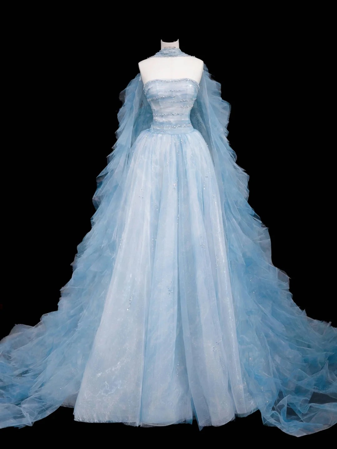 Gorgeous Strapless Tulle A-Line Beaded Wedding Dresses Blue Formal Evening Gowns RF0511