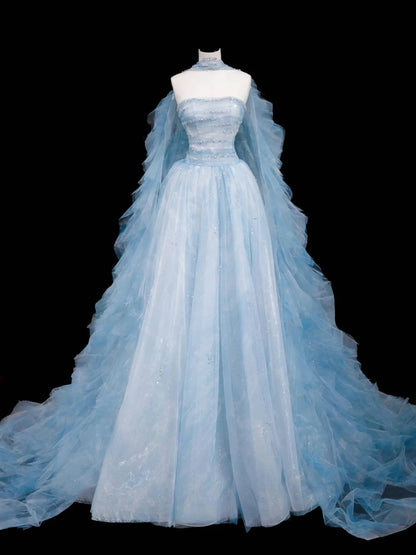 Gorgeous Strapless Tulle A-Line Beaded Wedding Dresses Blue Formal Evening Gowns RF0511