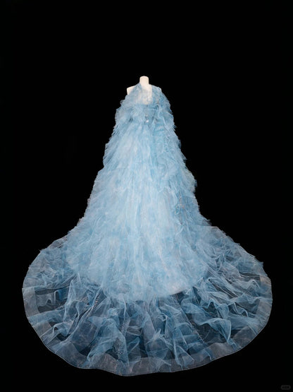 Gorgeous Strapless Tulle A-Line Beaded Wedding Dresses Blue Formal Evening Gowns RF0511