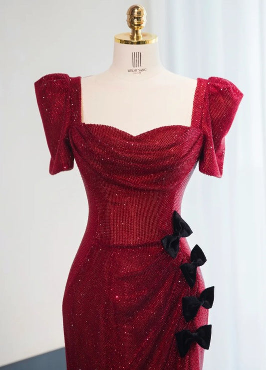 Gorgeous Red Square Neck Chiffon Sequin Sheath Prom Dresses Formal Evening Dresses RF0515