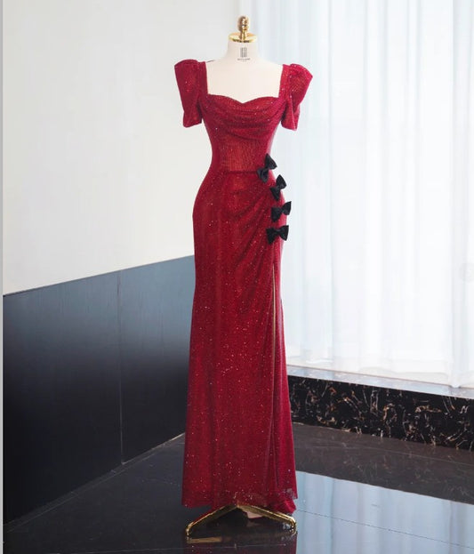 Gorgeous Red Square Neck Chiffon Sequin Sheath Prom Dresses Formal Evening Dresses RF0515