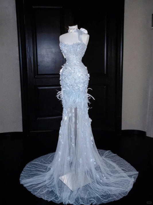 Gorgeous Ice Blue Tulle Mermaid Strapless Sequined Long Prom Dresses Formal Evening Gowns RF0517