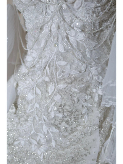 Gorgeous Sweetheart Neck Sheath Evening Dress Tulle Beaded Wedding Dress with Train RF0520