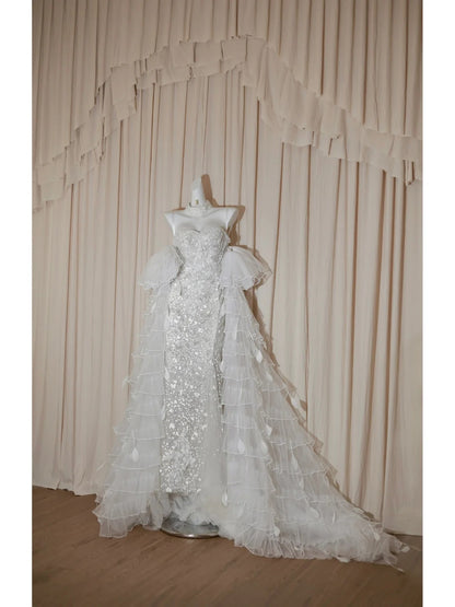 Gorgeous Sweetheart Neck Sheath Evening Dress Tulle Beaded Wedding Dress with Train RF0520