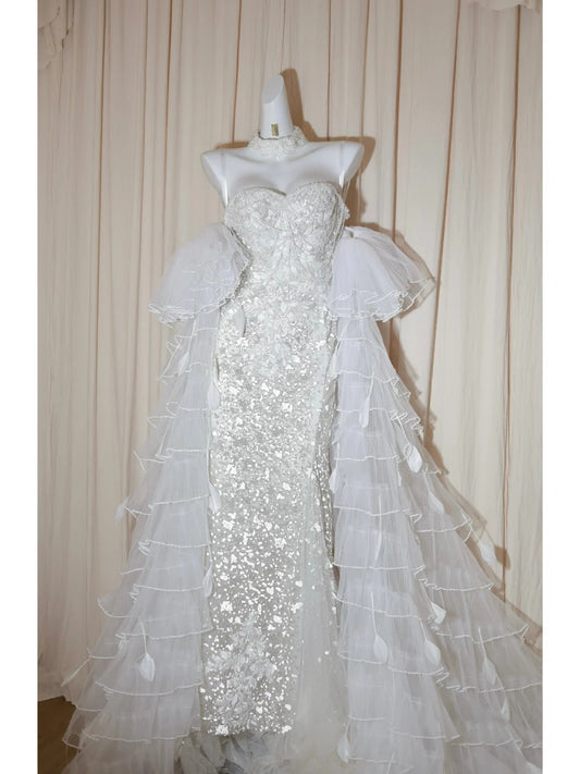 Gorgeous Sweetheart Neck Sheath Evening Dress Tulle Beaded Wedding Dress with Train RF0520