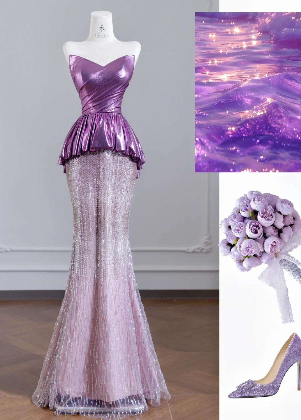Cute Strapless Pink Purple Mermaid Satin Long Prom Dresses Elegant Evening Gowns RF0521