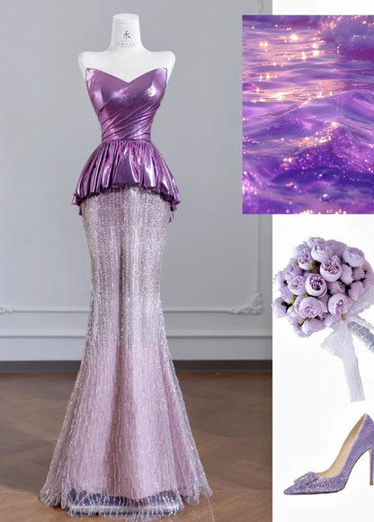 Cute Strapless Pink Purple Mermaid Satin Long Prom Dresses Elegant Evening Gowns RF0521