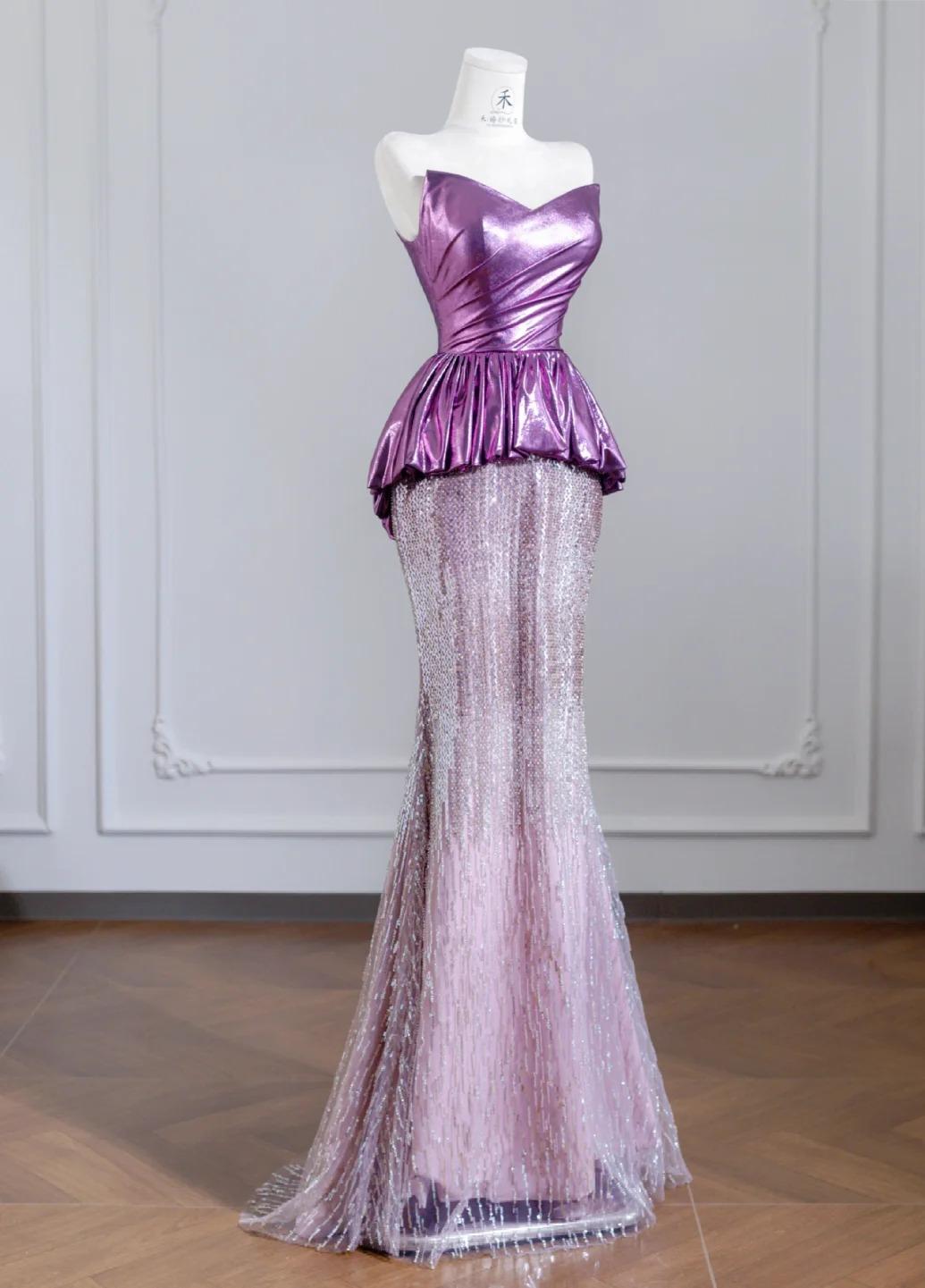 Cute Strapless Pink Purple Mermaid Satin Long Prom Dresses Elegant Evening Gowns RF0521
