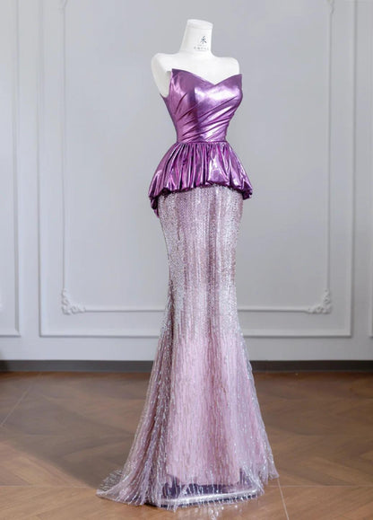 Cute Strapless Pink Purple Mermaid Satin Long Prom Dresses Elegant Evening Gowns RF0521